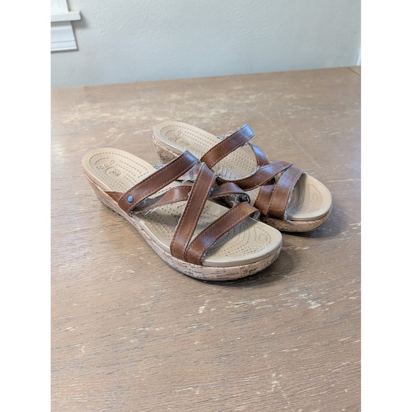 Crocs A-Leigh Strappy Wedge Sandals Women's Size 7 Brown Cork Comfort Casual - Picture 1 of 7